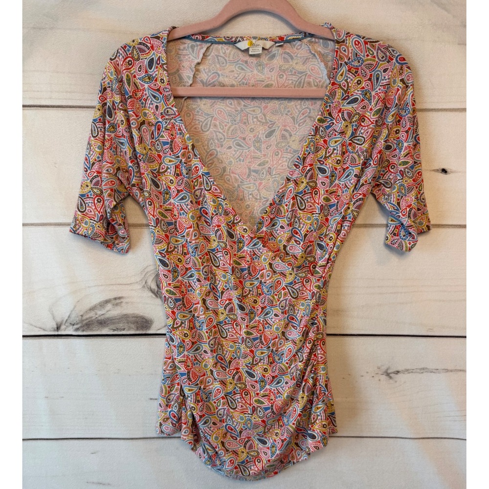 Boden Paisley Print Surplice Wrap Top Multi-Color Short Sleeve Size US 4 T0939
